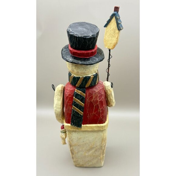 Vintage Rustic Snowman Christmas Figurine with Birdhouse Carved Folk Art Style - Picture 2 of 10
